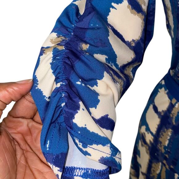 BLACK Saks Fifth Avenue Blue Tie Dye Print Surplice Faux Wrap Maxi Dress Size M - Picture 5 of 9